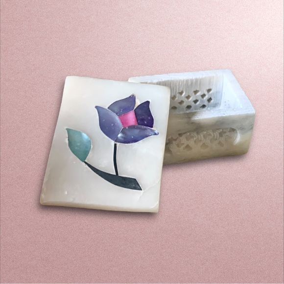 Marble Pietra Dura Trinket Box Floral Inlay Lattice Design - Picture 10 of 16